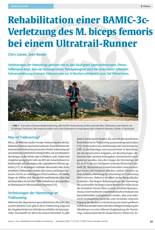 Seitenauszug eines Artikels über Rehabilitation einer BAMIC-3c-Verletzung des M. biceps femoris in der Thieme.