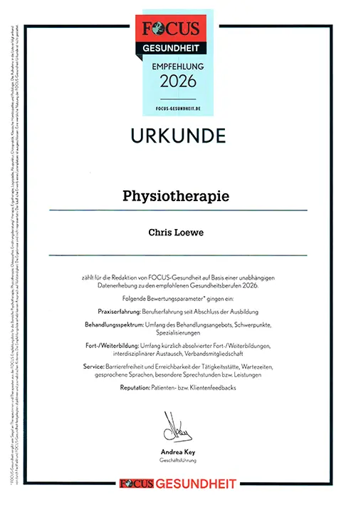 Auszeichnung bzw. Empfehlung von FOCUS "Urkunde 2026" im Bereich der Physiotherapie für Chris Loewe.