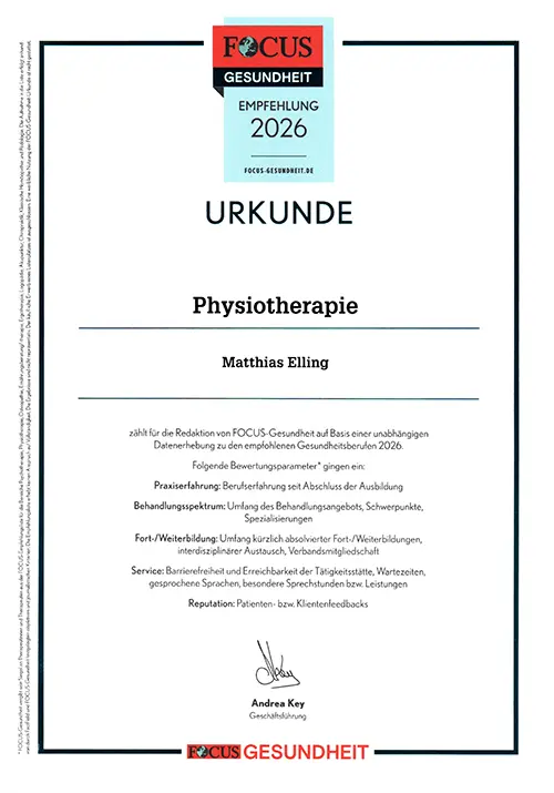 Auszeichnung bzw. Empfehlung von FOCUS "Urkunde 2026" im Bereich der Physiotherapie für Matthias Elling.